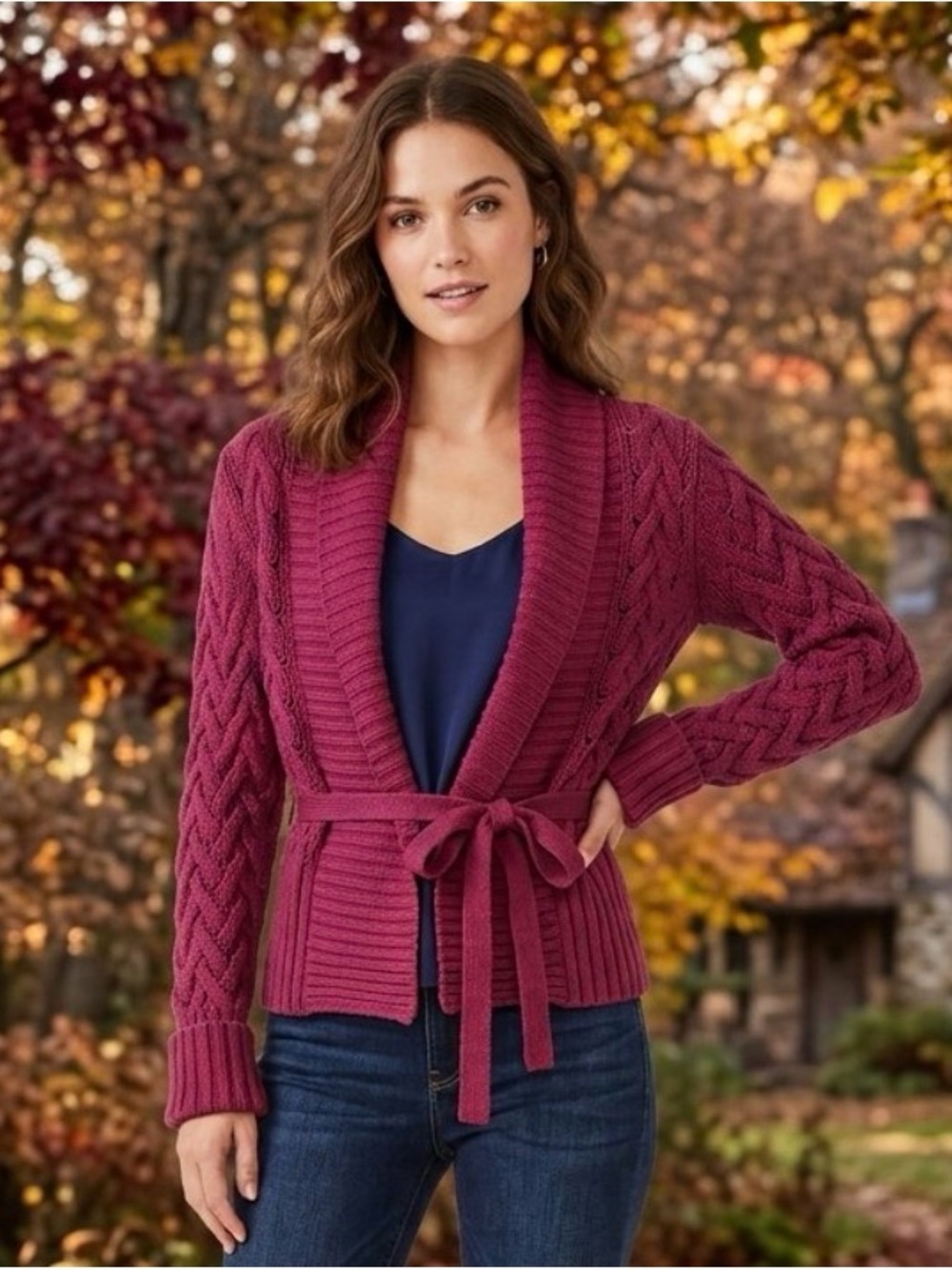 Express Raspberry Wool/Angora/Cashmere Shawl-Collar Belted Cardigan, Medium